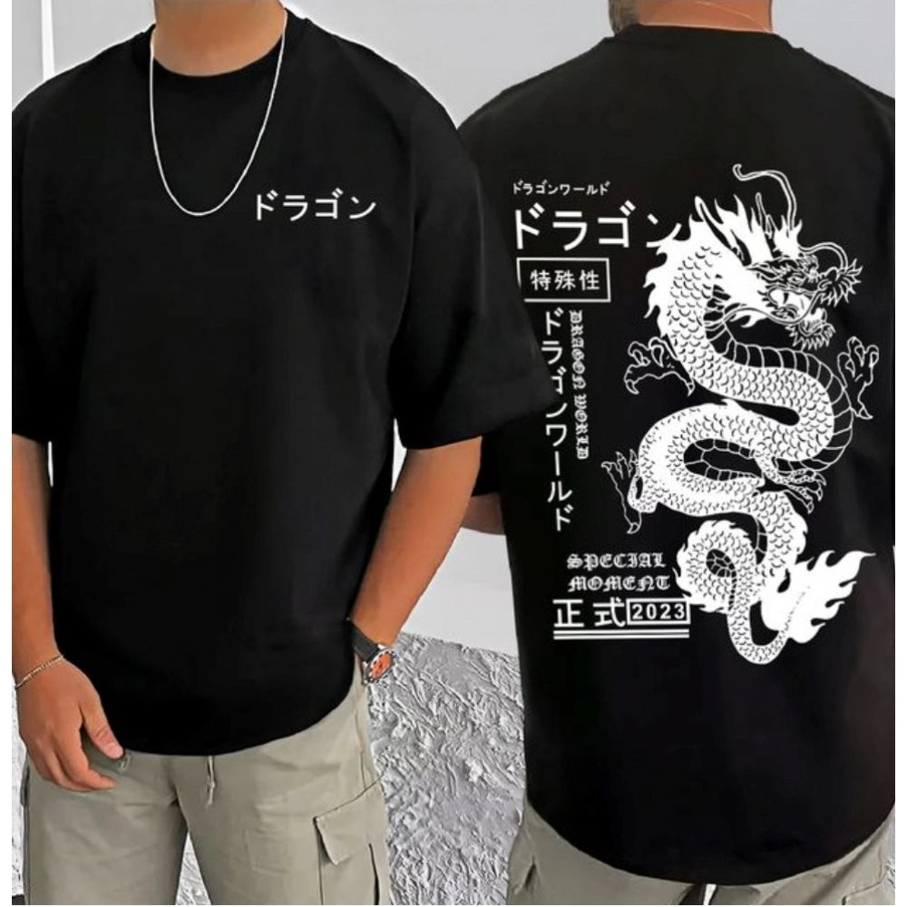 Black cotton blend men's casual t-shirt with printed design, half sleeve and round neck