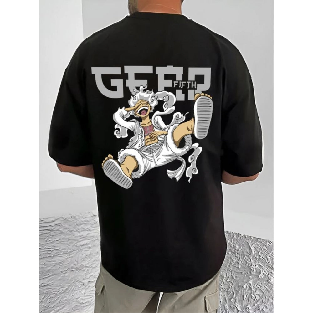 Black cotton blend men's casual t-shirt with printed design, half sleeve round neck style