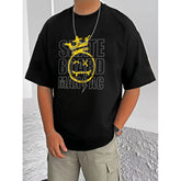 Black cotton blend men's t-shirt with printed design, casual half sleeve round neck