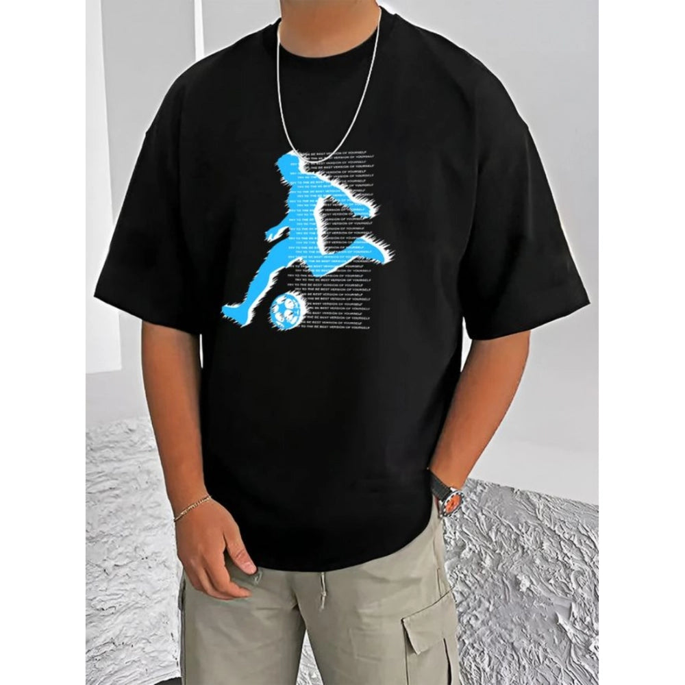 Black cotton blend men's casual printed round neck half sleeve t-shirt