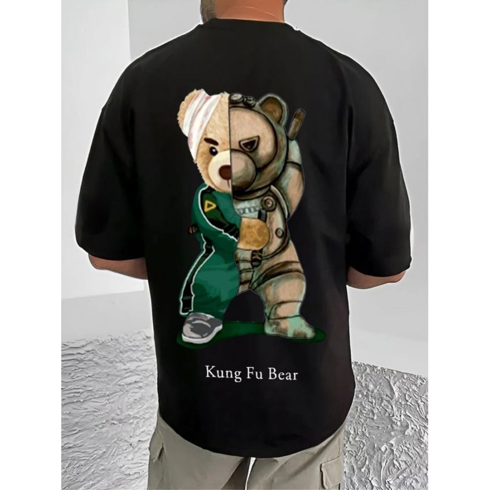 Men's casual cotton blend printed round neck half sleeve black t-shirt, vibrant design on modern men's fashion tee