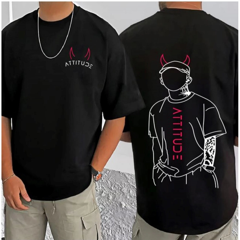 Black cotton blend men's casual t-shirt with printed design, half sleeve & round neck style