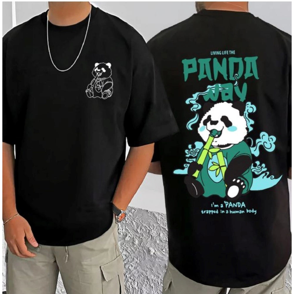 Black cotton blend men's t-shirt with printed design, half sleeve round neck style