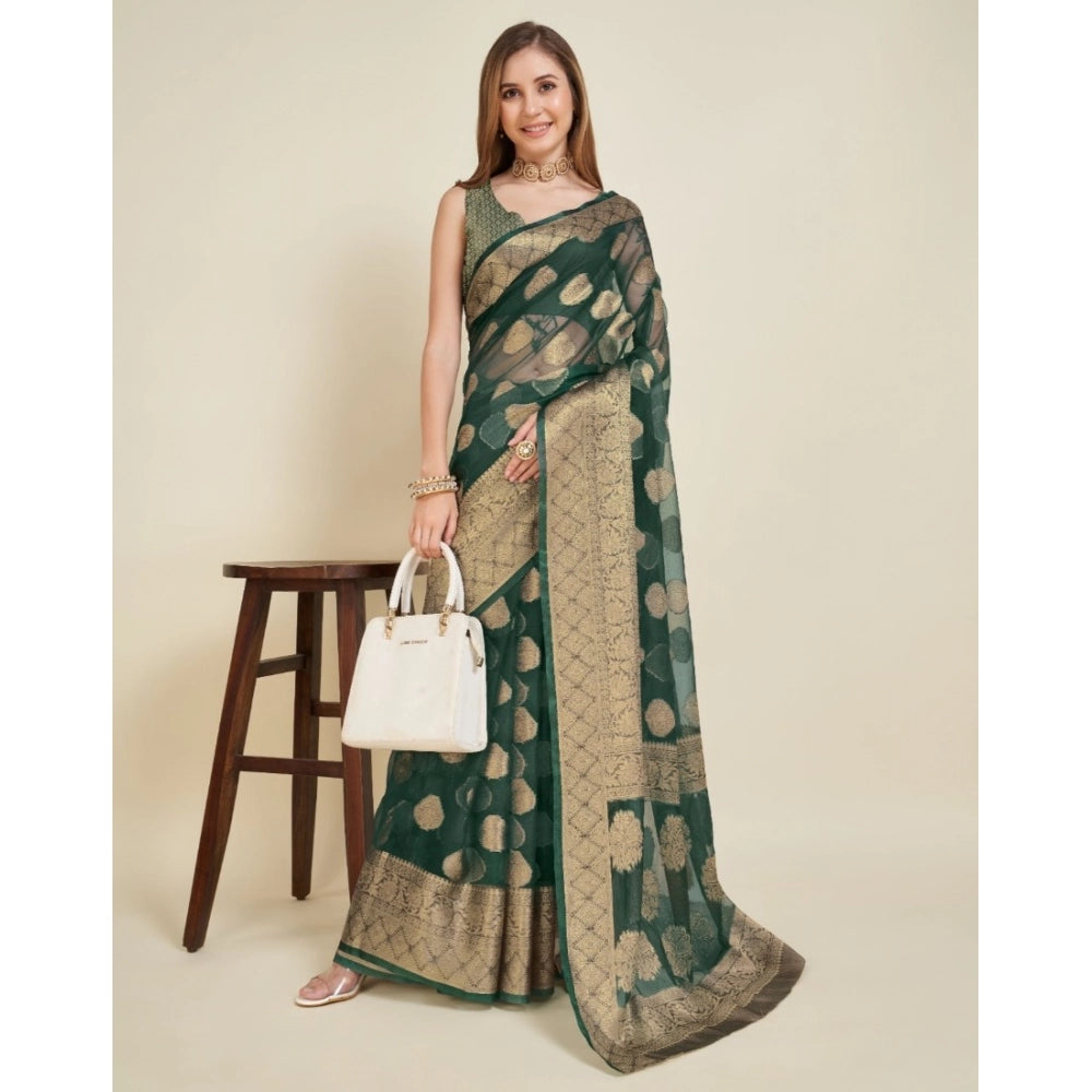 Green soft organza silk saree with unstitched blouse (weaving design), displayed on mannequin