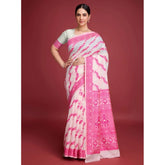Pink Jamdani cotton silk printed saree with unstitched blouse (5.5mtr), traditional Indian women's wear