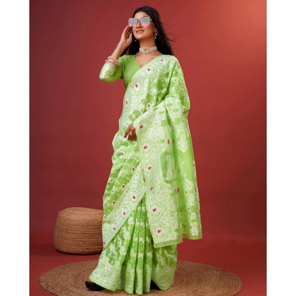 Light green cotton silk printed saree with unstitched blouse (5.5Mtr) - vivid floral design, traditional Indian wear