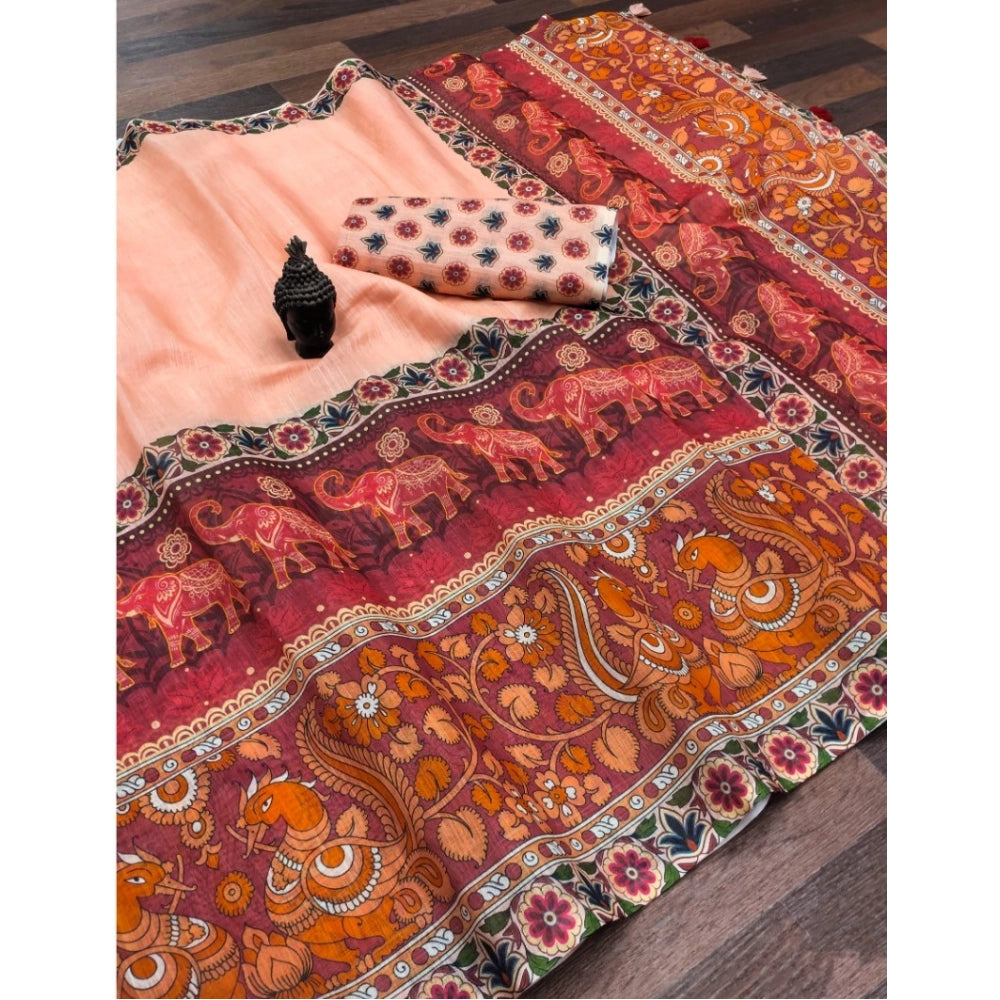 Women's peach linen digital print saree with unstitched blouse, 5.5Mtr on mannequin for traditional Indian attire