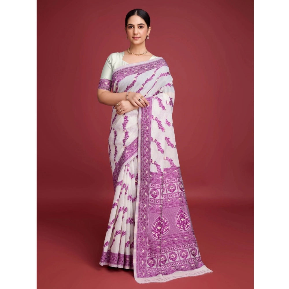 Women's wine Jamdani cotton silk printed saree with unstitched blouse, 5.5mtr, intricate design