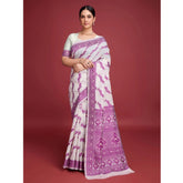 Women's wine Jamdani cotton silk printed saree with unstitched blouse, 5.5mtr, intricate design