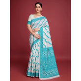 Women's Rama-colored Jamdani cotton silk printed saree with unstitched blouse, 5.5Mtr length on display rack