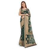 Green soft organza silk saree with unstitched blouse, intricate weaving design
