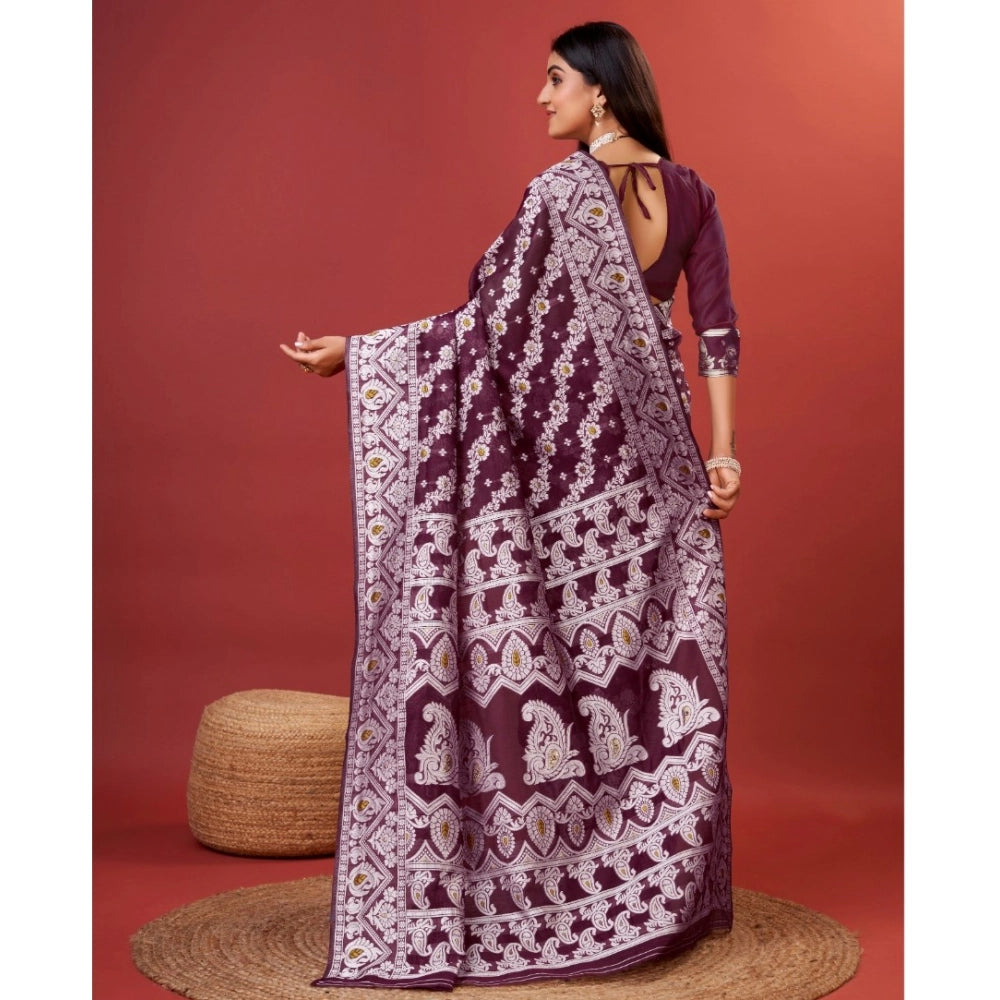 Purple cotton silk printed saree with unstitched blouse, vibrant design for women's fashion