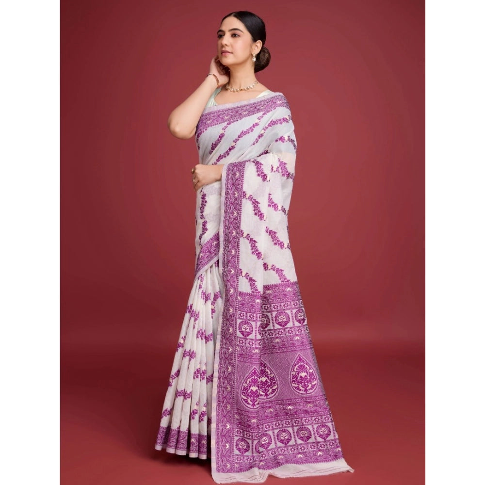 Women's wine-colored Jamdani cotton silk printed saree with unstitched blouse, 5.5mtr