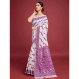Women's wine-colored Jamdani cotton silk printed saree with unstitched blouse, 5.5mtr