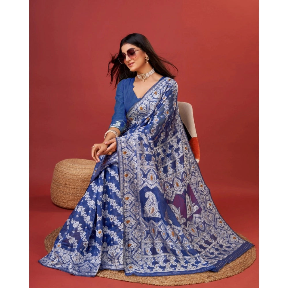 Blue cotton silk printed saree with unstitched blouse (5.5Mtr), women's fashion, traditional Indian wear