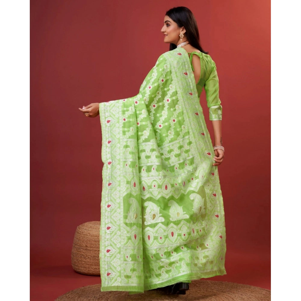 Light green cotton silk printed saree with unstitched blouse, vibrant floral pattern