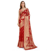 Red soft organza silk saree with weaving design (5.5mtr), includes unstitched blouse