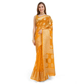 Yellow soft organza silk weaving design saree with unstitched blouse (5.5mtr), elegant Indian women's wear on mannequin