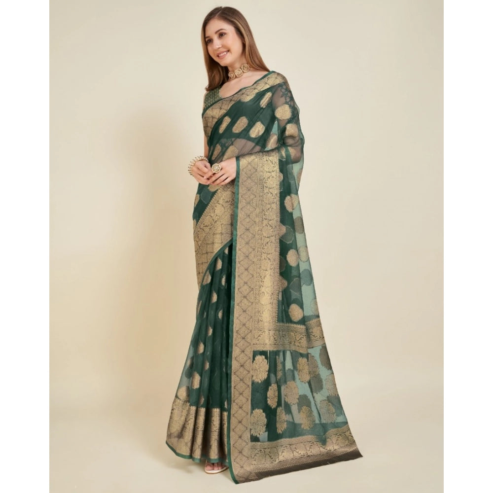 Green soft organza silk saree with unstitched blouse, intricate weaving design
