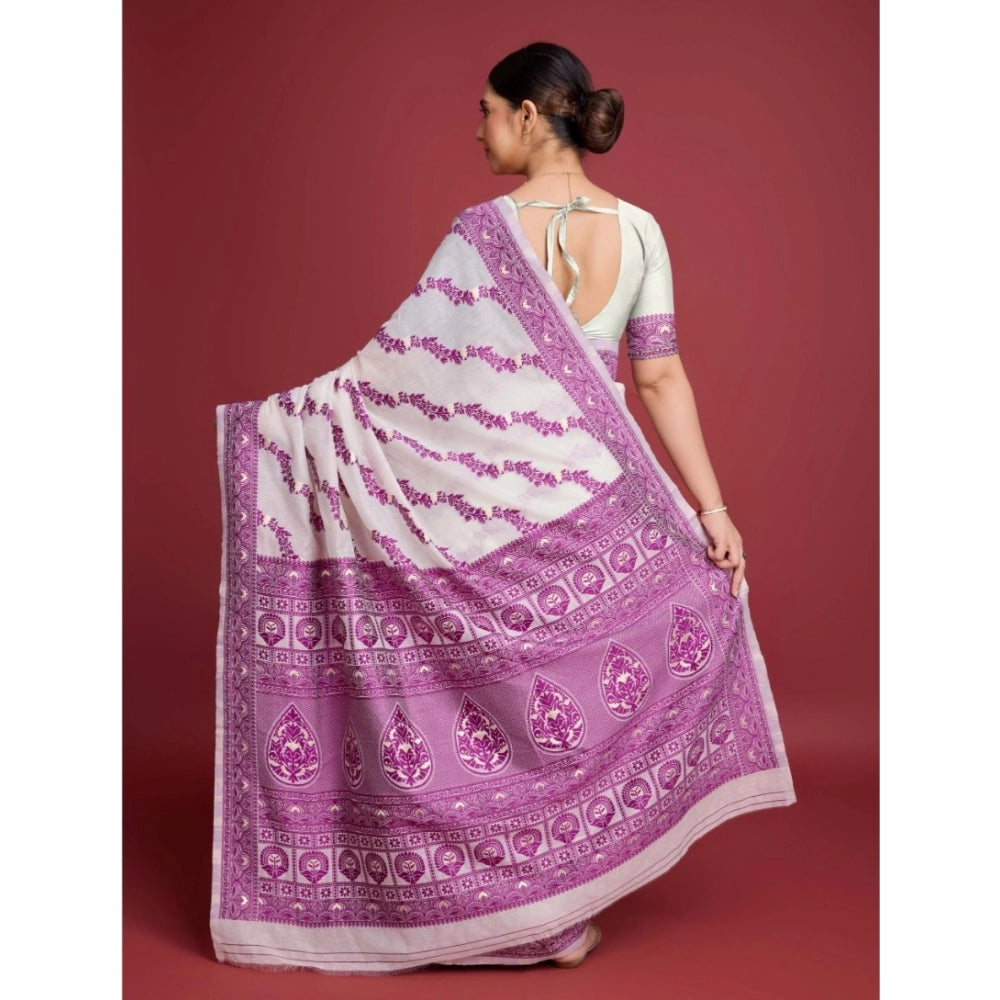 Women's wine Jamdani cotton silk printed saree with unstitched blouse, 5.5mtr on model