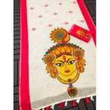 White linen digital print saree with unstitched blouse, 5.5Mtr on display stand