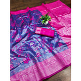 Navy blue Banarasi jacquard printed saree with unstitched blouse, vibrant design on a 5.5mtr length