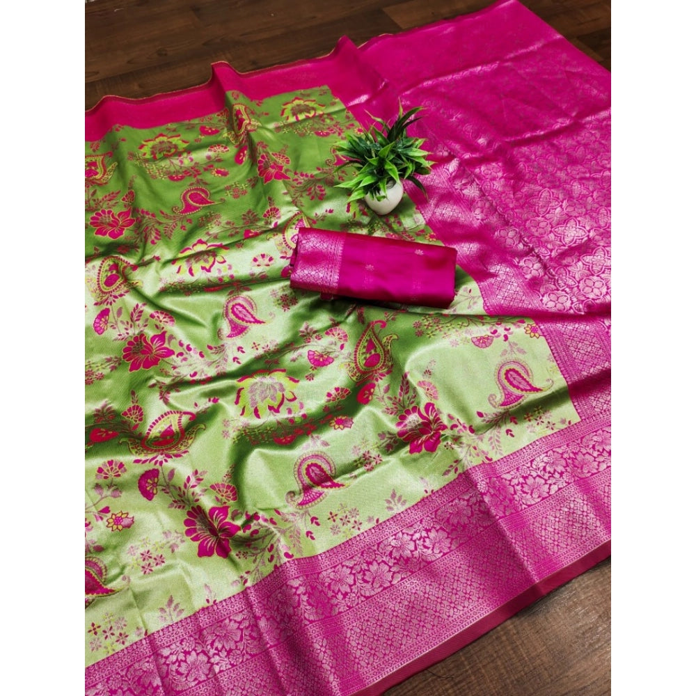 Mehendi Green Banarasi Jacquard printed saree with unstitched blouse, 5.5Mtr length on display model