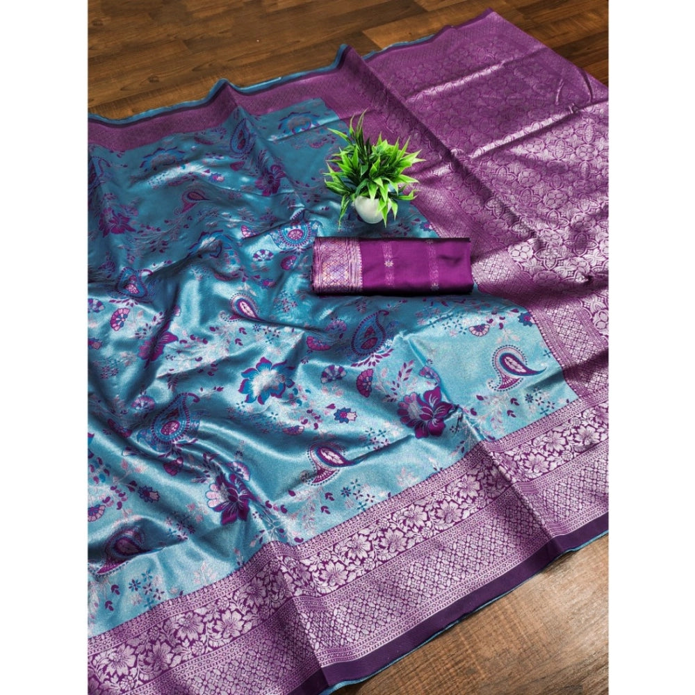 Blue Banarasi jacquard printed saree with unstitched blouse, intricate floral design on 5.5mtr length