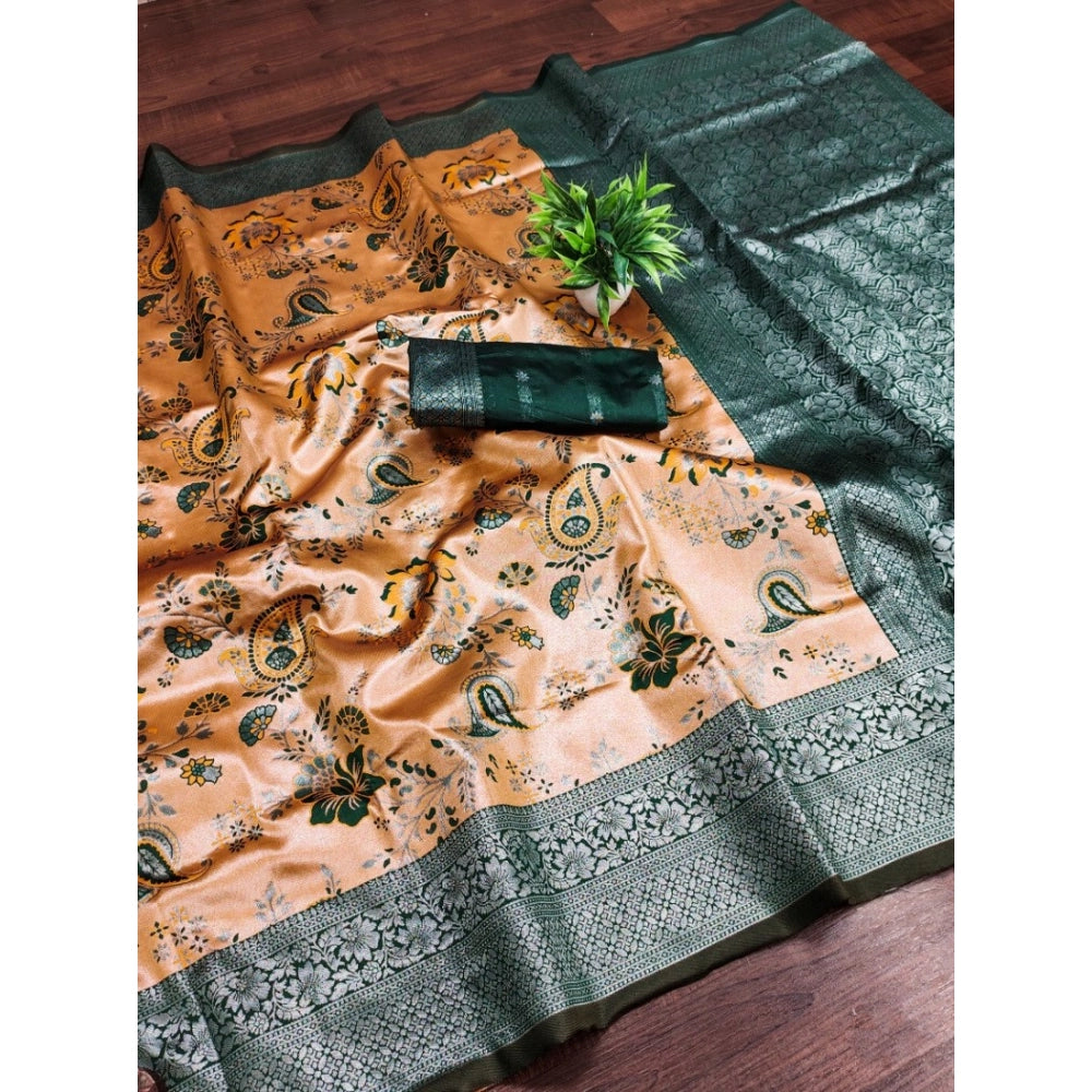 Orange Banarasi Jacquard printed saree with unstitched blouse, 5.5mtr length on mannequin