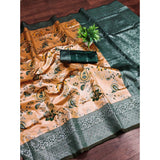 Orange Banarasi Jacquard printed saree with unstitched blouse, 5.5mtr length on mannequin
