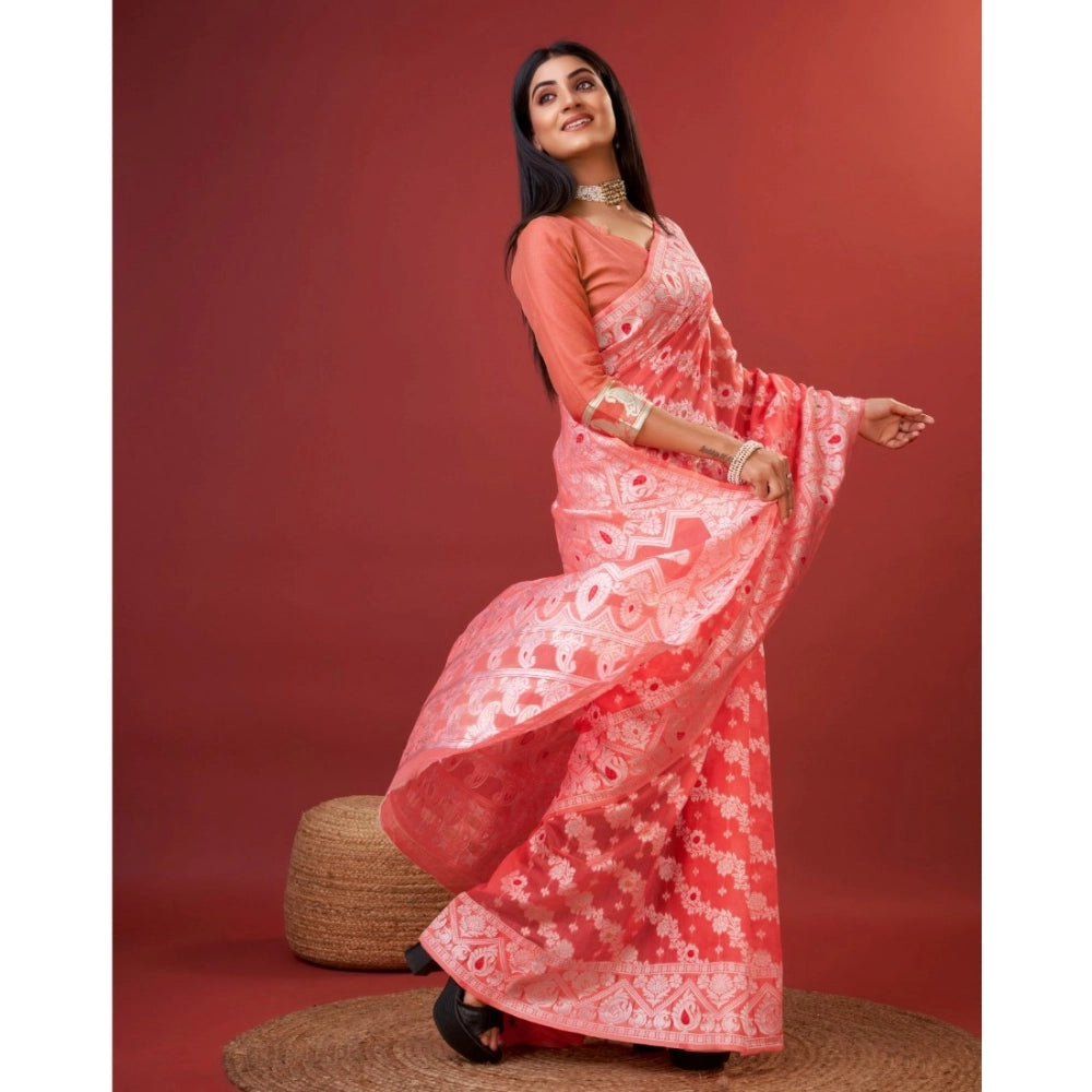 Peach cotton silk printed saree with unstitched blouse (5.5mtr), vibrant floral pattern on traditional Indian attire