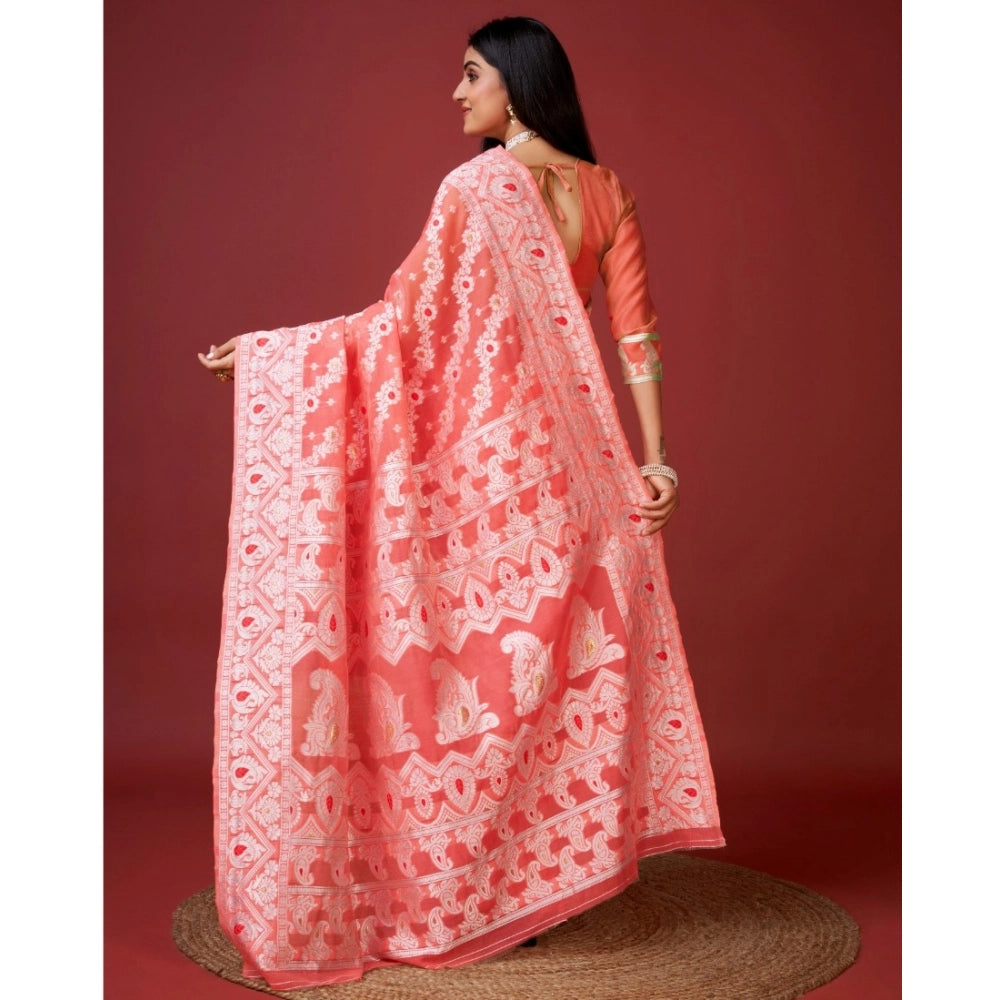 Peach cotton silk printed saree with unstitched blouse, vibrant Indian fashion wear