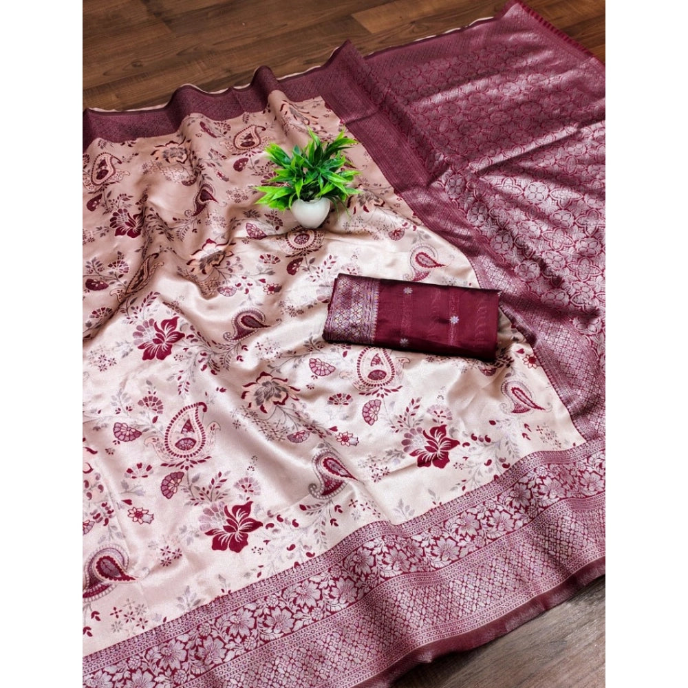 Wine-colored Banarasi Jacquard printed saree with unstitched blouse (5.5Mtr), traditional Indian fashion accessory on mannequin