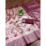 Wine-colored Banarasi Jacquard printed saree with unstitched blouse (5.5Mtr), traditional Indian fashion accessory on mannequin