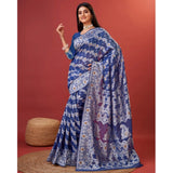 Blue cotton silk printed saree with unstitched blouse, vibrant design for Indian women's traditional wear