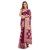 Wine-colored soft organza silk saree with weaving design, unstitched blouse (5.5mtr)