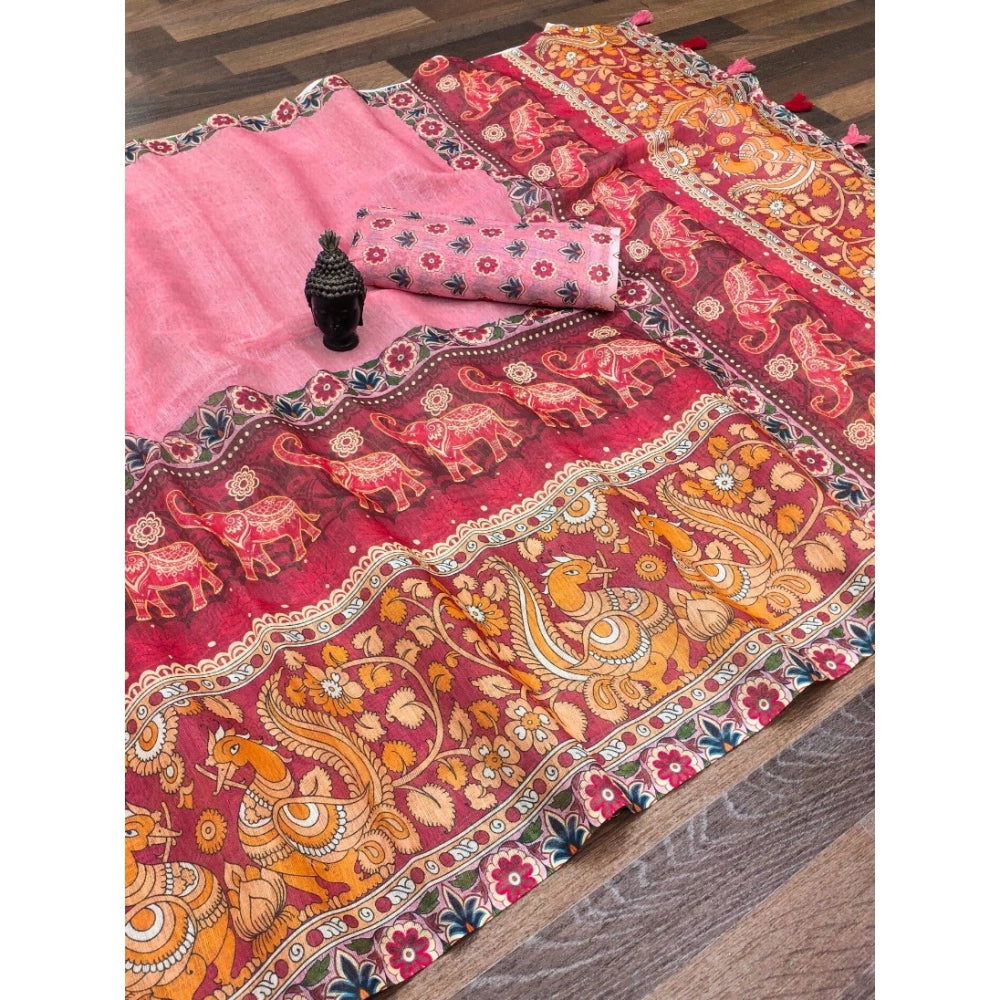 Linen digital print pink saree with unstitched blouse, vibrant floral patterns on a soft 5.5mtr length