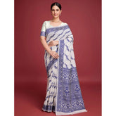 Navy blue Jamdani cotton silk printed saree with unstitched blouse (5.5Mtr)