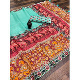 Turquoise Linen Digital Print Saree with Unstitched Blouse (5.5Mtr) - Women's traditional Indian wear
