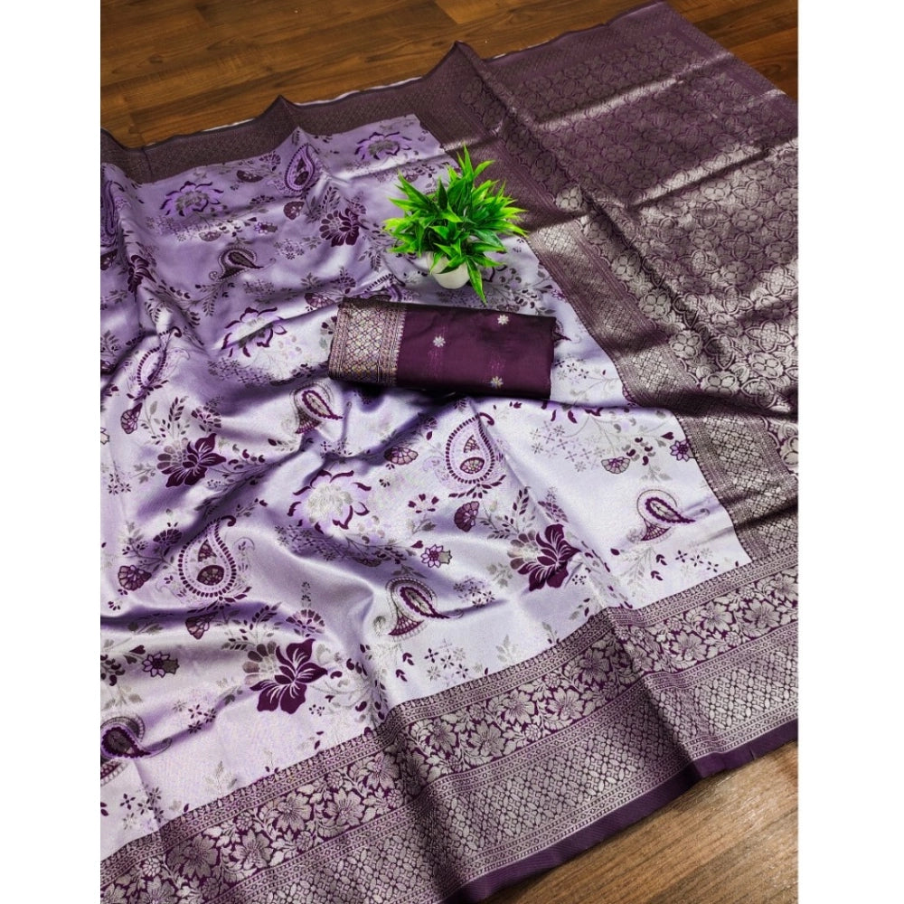 Purple Banarasi jacquard printed saree with unstitched blouse, vibrant floral design on 5.5mtr fabric