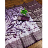 Purple Banarasi jacquard printed saree with unstitched blouse, vibrant floral design on 5.5mtr fabric