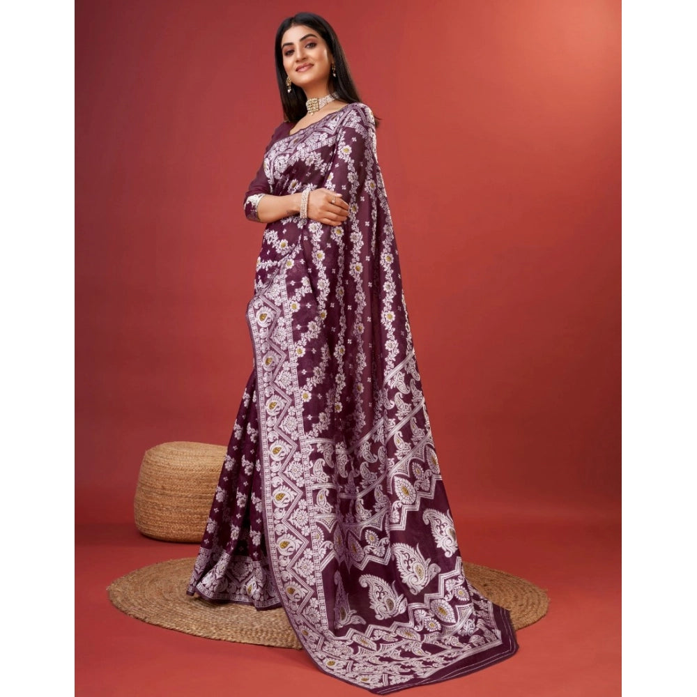 Purple cotton silk printed saree with unstitched blouse (5.5mtr), close-up on intricate pattern detail