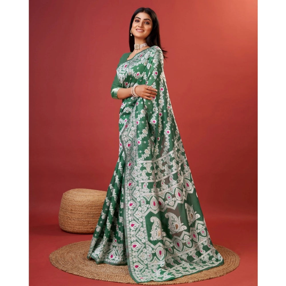 Green cotton silk printed saree with unstitched blouse (5.5mtr)