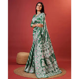 Green cotton silk printed saree with unstitched blouse (5.5mtr)