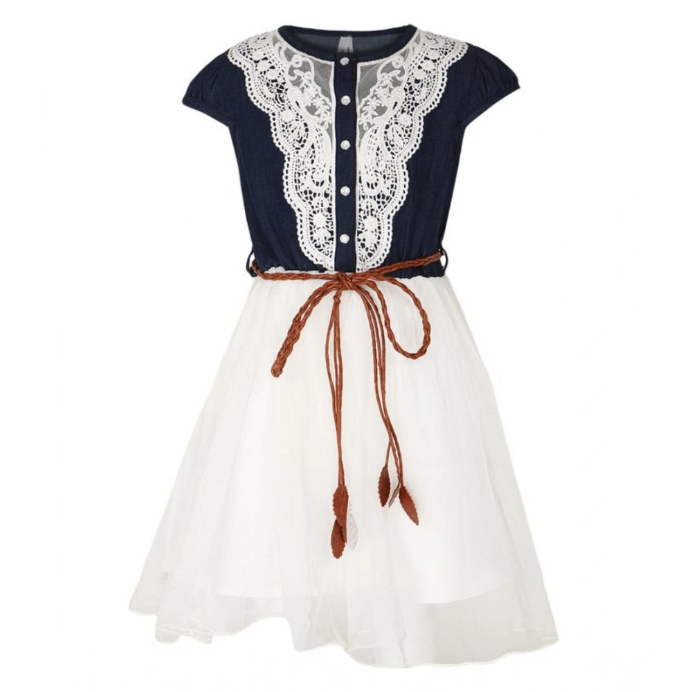 White denim embroidered round neck dress for girls with short sleeves
