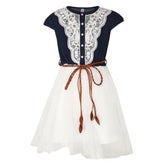 White denim embroidered round neck dress for girls with short sleeves