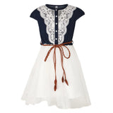 White denim embroidered round neck dress for girls with short sleeves