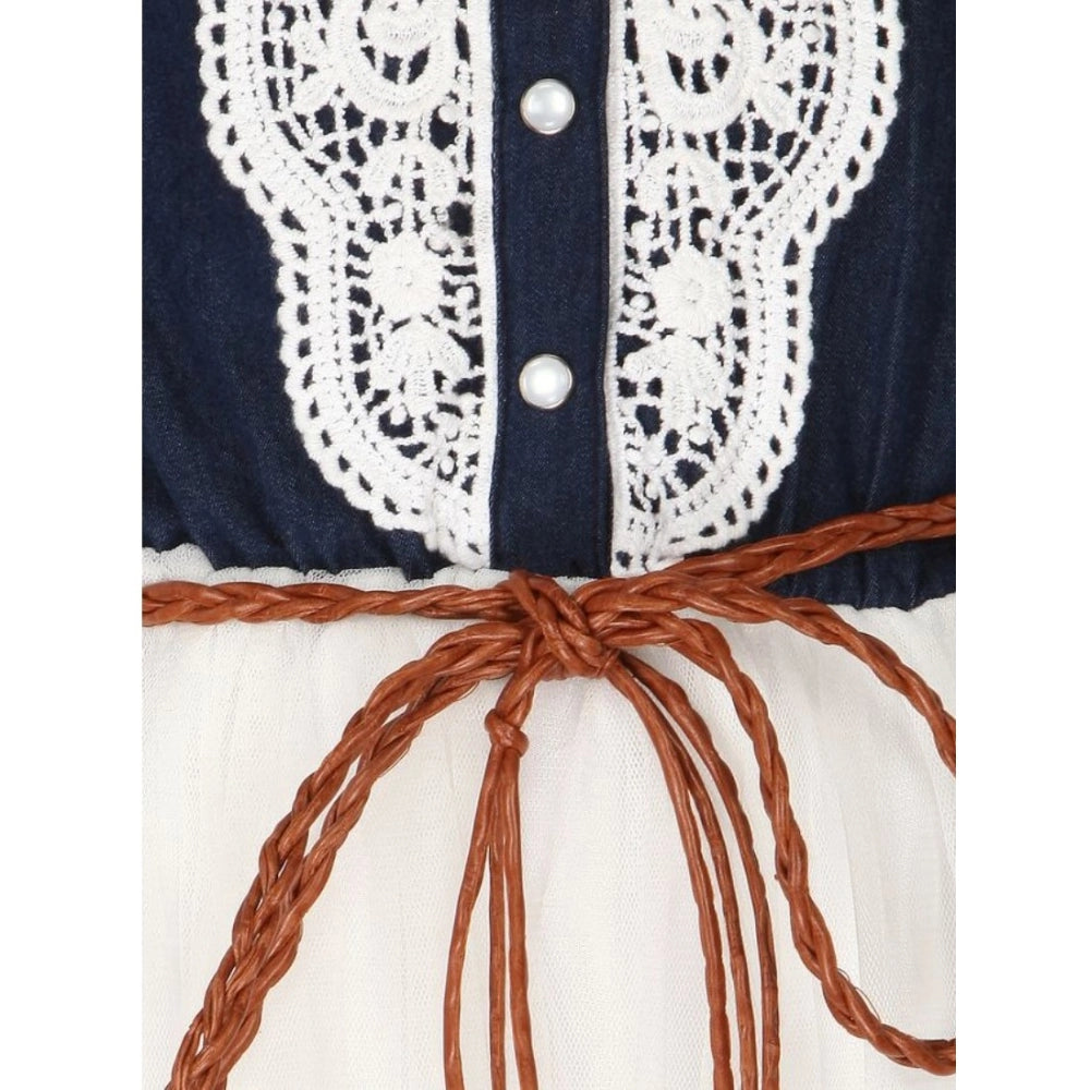 White denim embroidery short sleeve round neck dress, knee length for girls' fashion