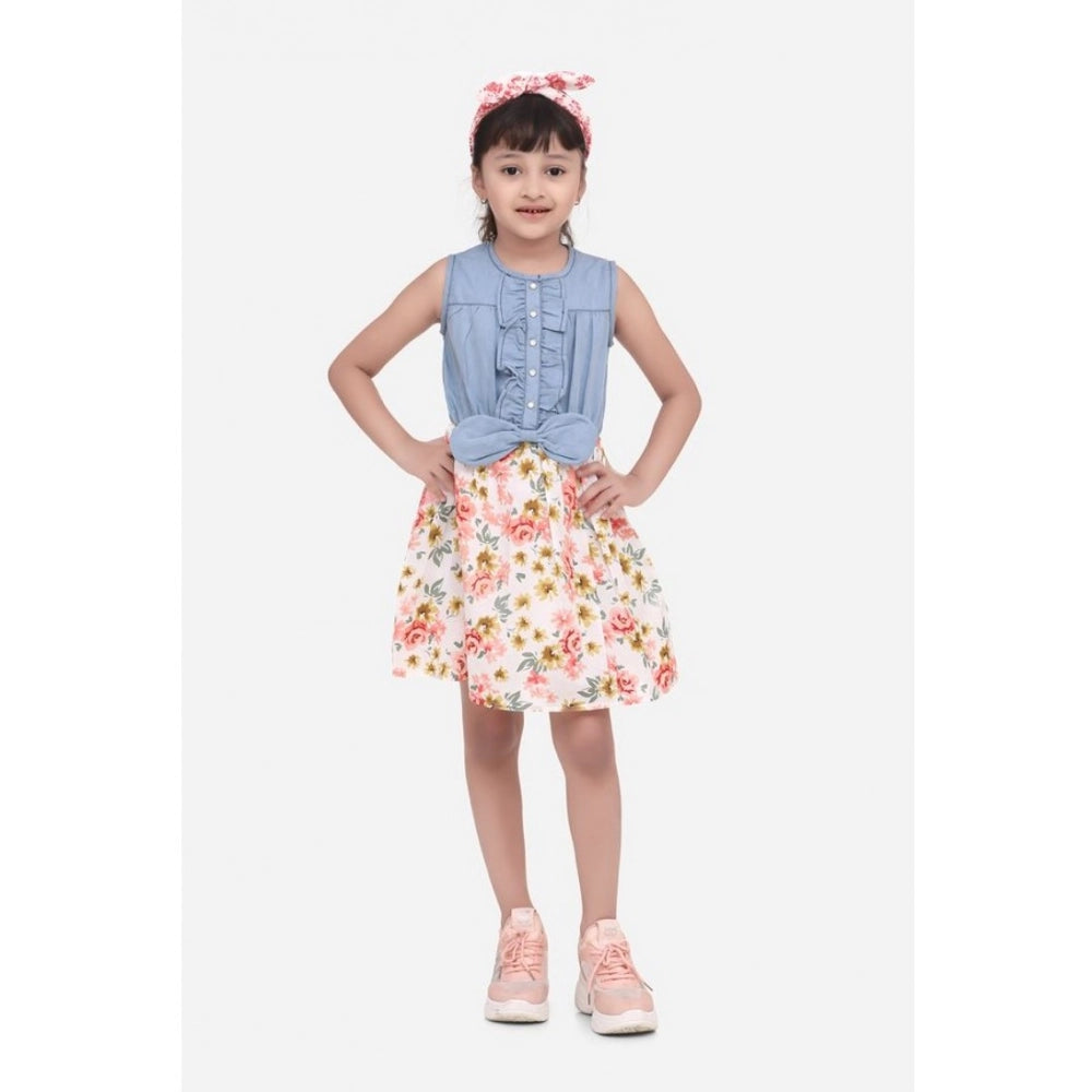 Multicolor denim-cotton floral printed sleeveless round neck dress for girls, above knee length on mannequin