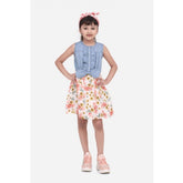 Multicolor denim-cotton floral printed sleeveless round neck dress for girls, above knee length on mannequin